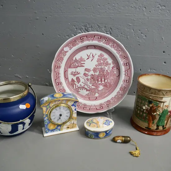assorted china items - Spode plate, Royal Doulton Millennium clock & trinket, Wedgwood biscuit barrel, no lid, etc.