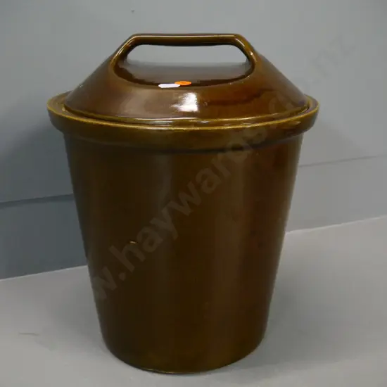 brown stoneware lidded crock H-350