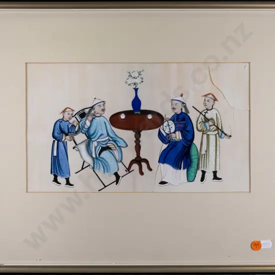 framed oriental watercolour - men around table (rips to paper) H-180 W-310