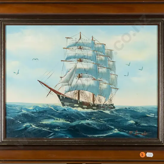 illegible signature - framed oil - sailing ship H-290 W-390