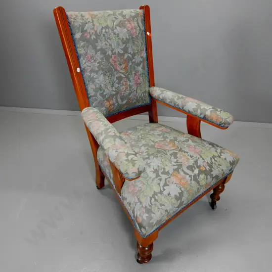 Edwardian armchair with tapestry upholstered seat, back and arms, on casters H990 W650 D560