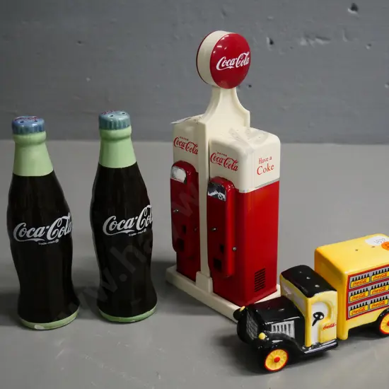 3 Coca-Cola salt & pepper sets - van, bottles, and petrol pump and stand