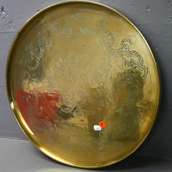 round heavy brass tray with etched dragon motif Diameter 360