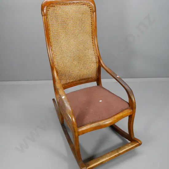 vintage mahogany rocking chair with foot rest, bergere cane back, upholstered seat H1140 W540 D940