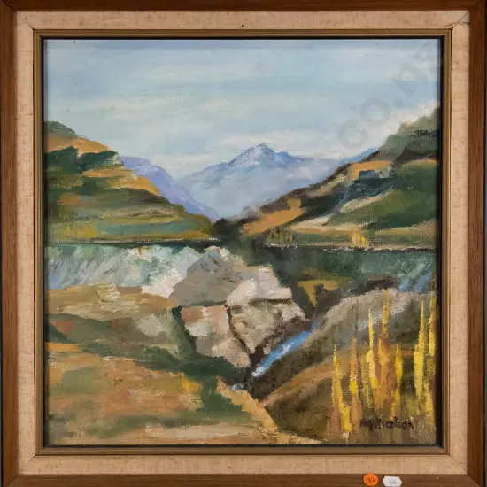 illegible signature - framed oil - lake and mountain scene H-390 W-390