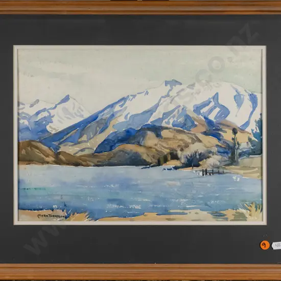 Myra Thompson - framed watercolour - mountain and lake scene (foxing) H-270 W-370
