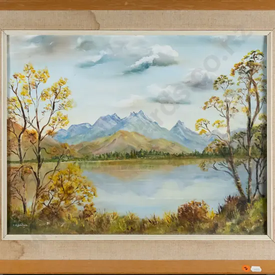 Dorothy Graham - framed oil  "Autumn Lake Hayes" (water staining to frame) H-340 W-440
