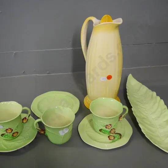 assorted retro china - yellow vacuum jug marked BVF, Carlton Ware leaf dish, and 3 Primula cups, saucer, and 2 plates