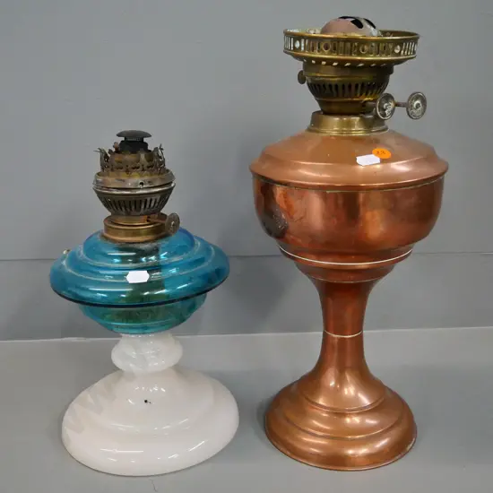 2 restorer's kerosene lamp bases - one copper H-380, one glass - no chimneys or shades