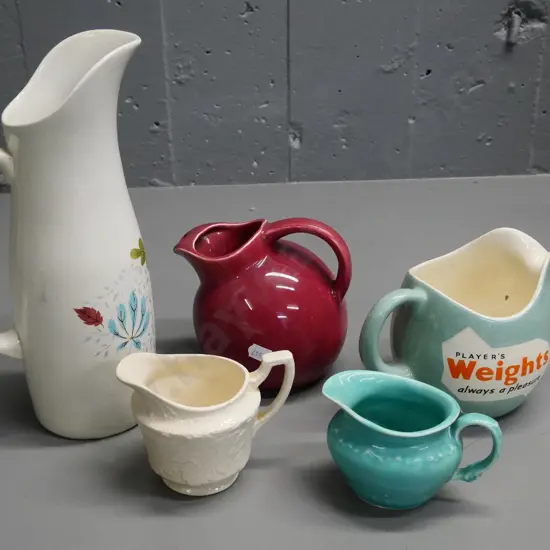 5 T&G Greene retro style jugs - Players promotional, "Epicure" etc, tallest is H270