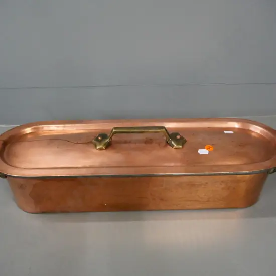 copper and steel double handled fish poacher H-150 W-580 D-170