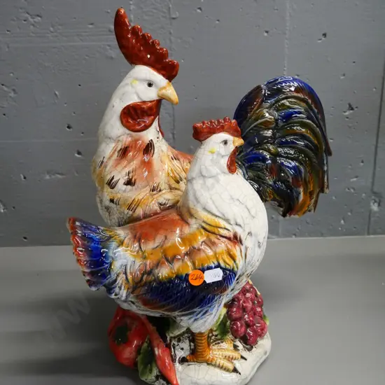 ceramic Majolica-style figure of two hens with crazed finish H-370