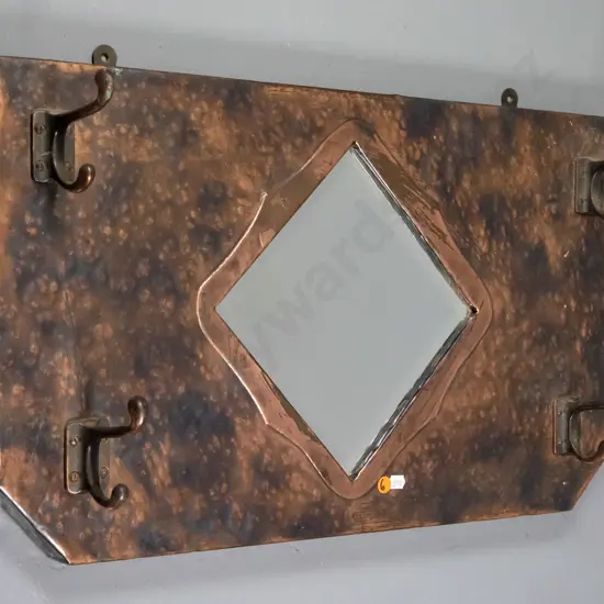 beaten copper wall hanging coat hooks with bevelled edge mirror H-360 W-630