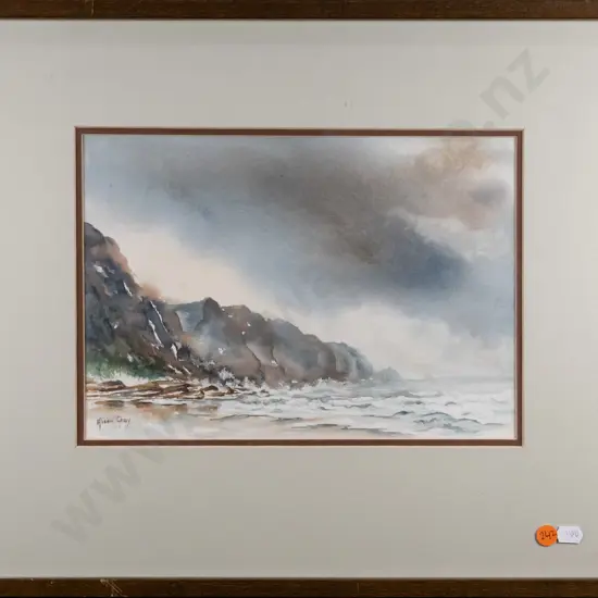 Alison Gray - framed watercolour "Purakanui Cliffs" H-200 W-290