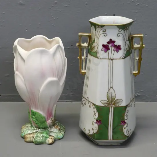 Sylvac hand-painted flower shape vase and a handled Japanese vase H-270
