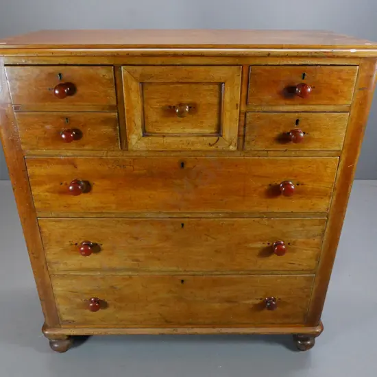 Victorian walnut 7-drawer Scotch chest, turned wood handles (some are loose) H1260 W1140 D480