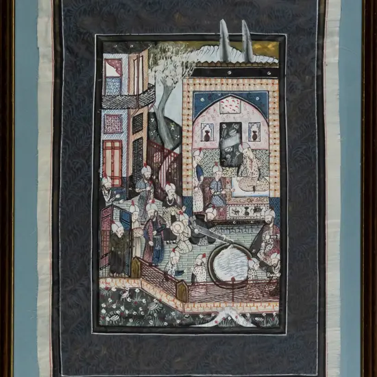 framed oriental watercolour on silk H-340 W-250