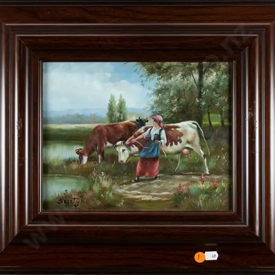 Legarty T - framed oil - woman and cows H-190 W-240