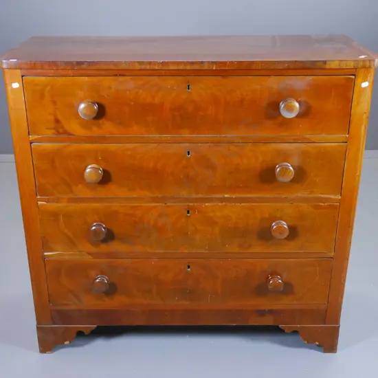 vintage mahogany 4-drawer chest with flame veneer fronts, key escutcheons, turned wood handles H950 W1010 D430
