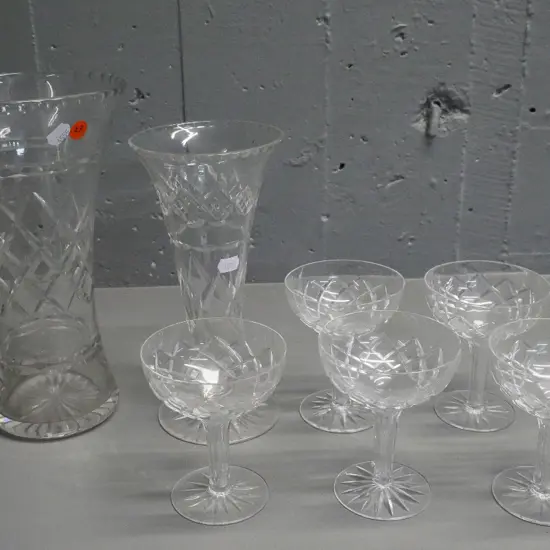 cut crystal items - 2 vases, taller H-260, and 5 hollow-stem champagne glasses