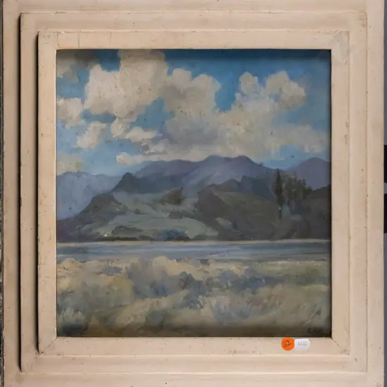 Louise Jacobs - framed oil "The Distant Hills" H-290 W-290 (foxing to glass and frame)