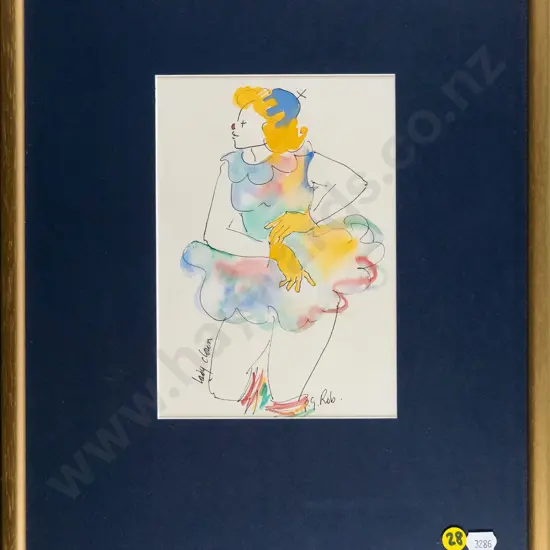PG Rob - framed ink and watercolour "Lady Clown" H-200 W-140