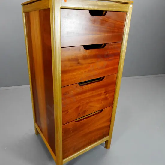 mixed timber 4-drawer chest, metal side rails on drawers H1350 W610 D610