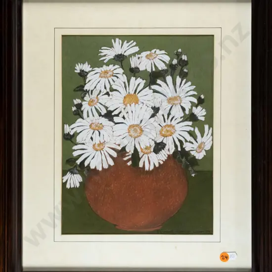 Elizabeth Warnock Wilson '83 - framed mixed media "Daisies Indoors" H-290 W-220