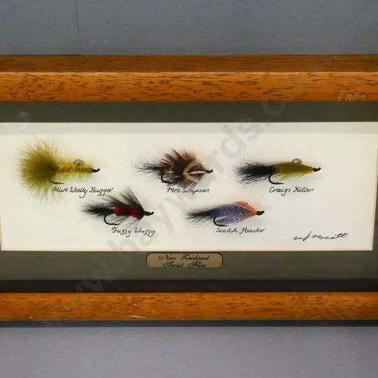 5 mounted New Zealand trout flies in wooden frame H-180 W-330