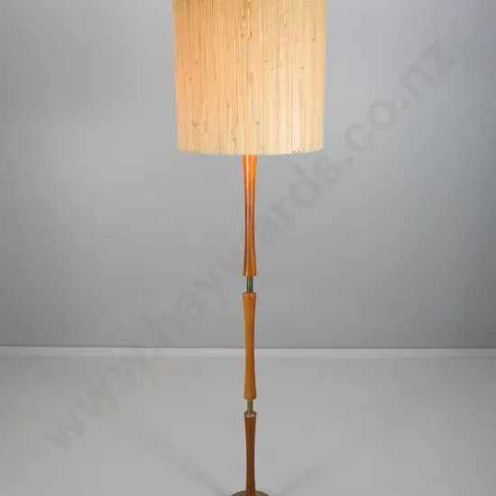 mid-century retro timber with brass inserts standard lamp with grass over fabric shade H1710 Shade D400