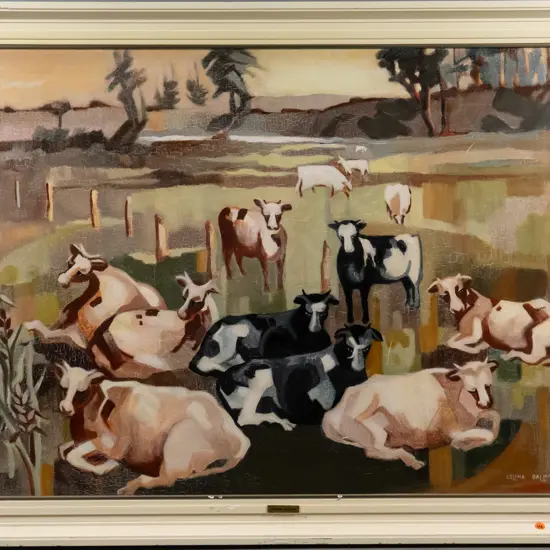 Celina Ballantine - framed oil - cows (extensive crazing) H-630 W-830