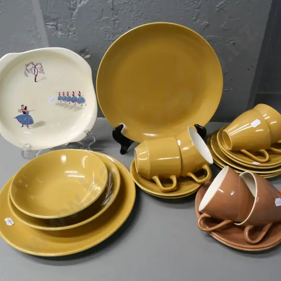 Crown Lynn colour-glaze dinner ware in 2 shades and Beswick Ballerina plate - some crazing