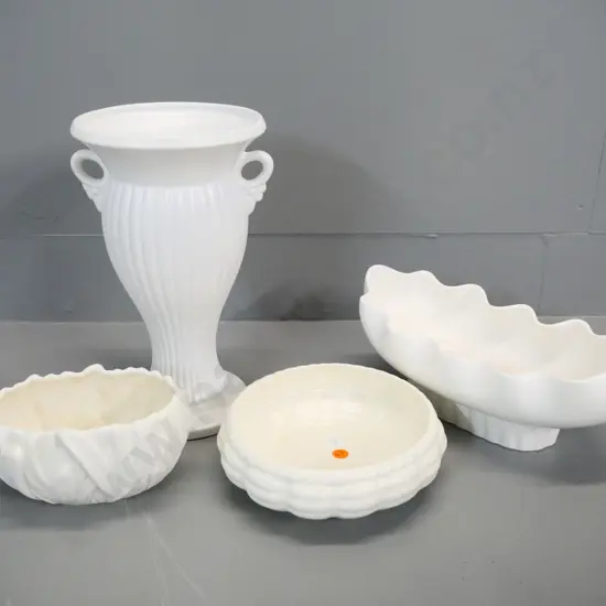 4 white vases - Crown Lynn, one marked New Zealand H-280, Sylvac and Beswick