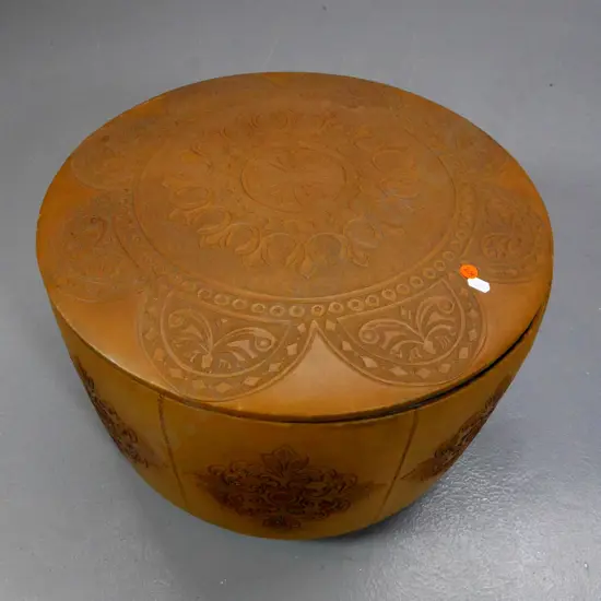 mid-century embossed faux leather round storage ottoman with lift off lid, ball feet H300 D470