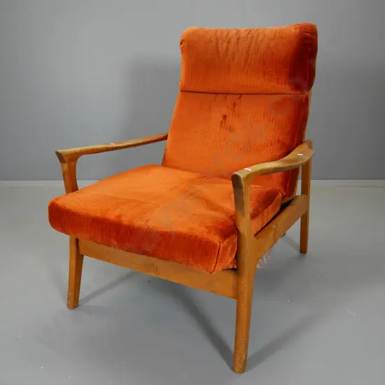 mid-century Don-style lounge chair mahogany frame, velvet upholstery, polish needs work H930 W670 D800