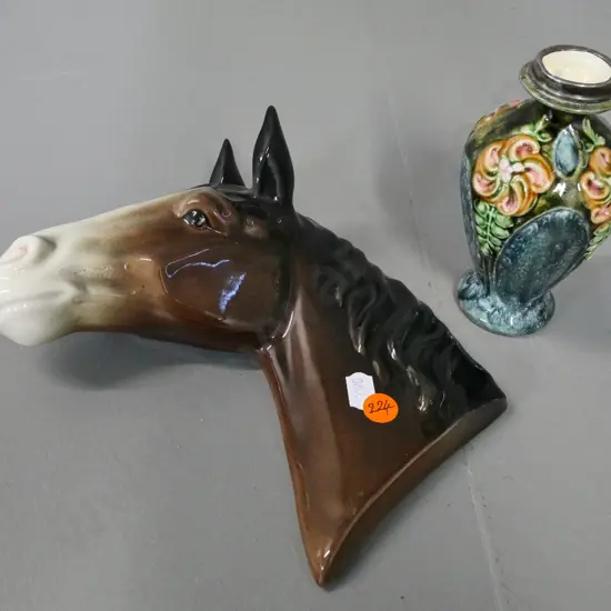ceramic wall-hanging horse-head, no maker's mark, H-200 and a small sterling silver-topped vase