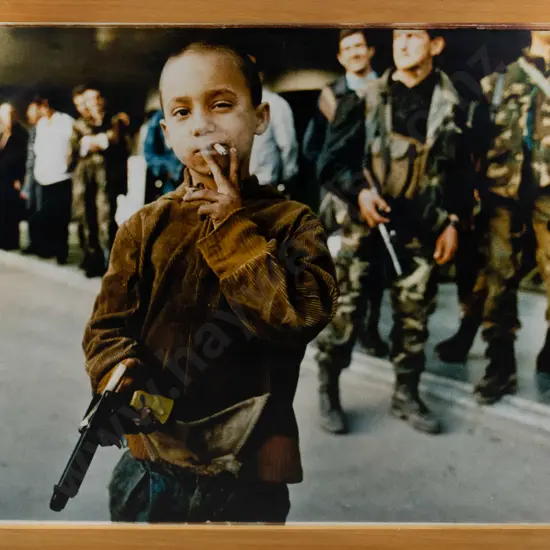 Andrew Reid -  war photographer circa 1994- framed photographic print - child soldier, Bosnia? H-950 W-1360