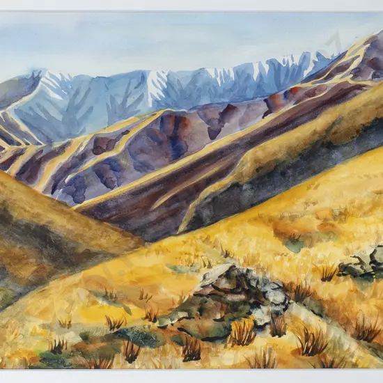 Jane Guise - framed watercolour "Motatapu" H-330 W-500