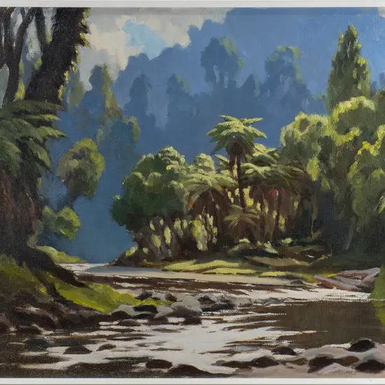 EB Lattey '62 - framed oil "Mangone Stream" H-370 W-500
