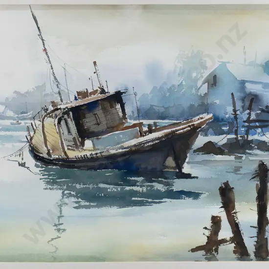 JK Reed - framed watercolour - boat on mooring H-540 W-740