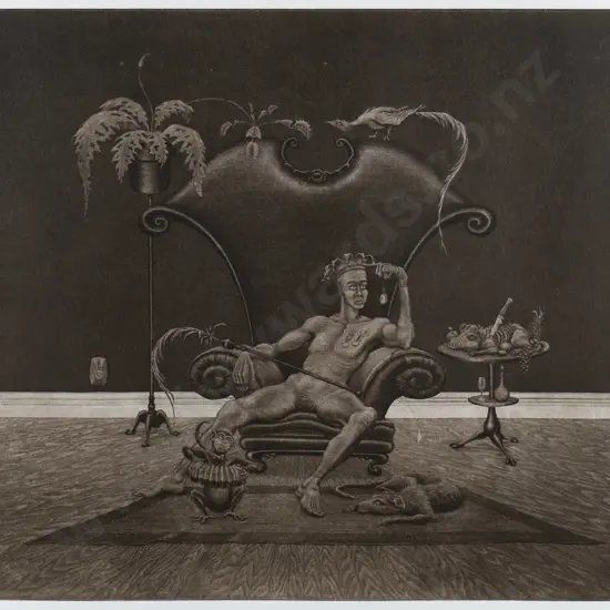 Kelvin Mann '99 - framed etching A/P "King for A Day" H-250 W-310