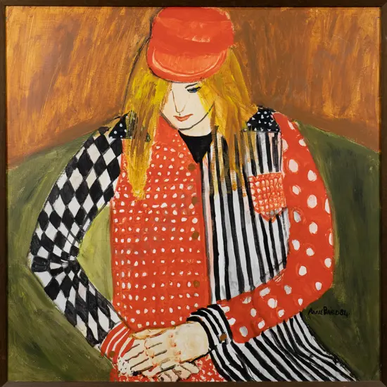 Annie Baird 1984 -framed acrylic on board "Emma in striped shirt" H-590 W-590