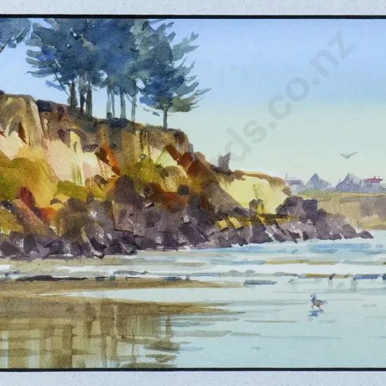 John Brassell - framed watercolour "Benvenue Cliffs Timaru" H-100 W-210