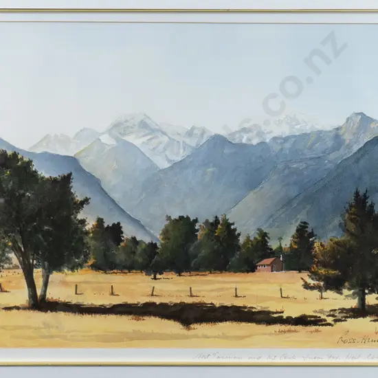 Ross Hunter '02 - framed watercolour - "Mount Tasman & Mount Cook from Fox West Coast" H-340 W-500