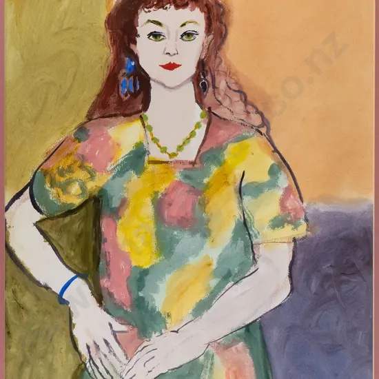 Annie Baird - framed watercolour -  "Elsa & green necklace" H-710 W-540