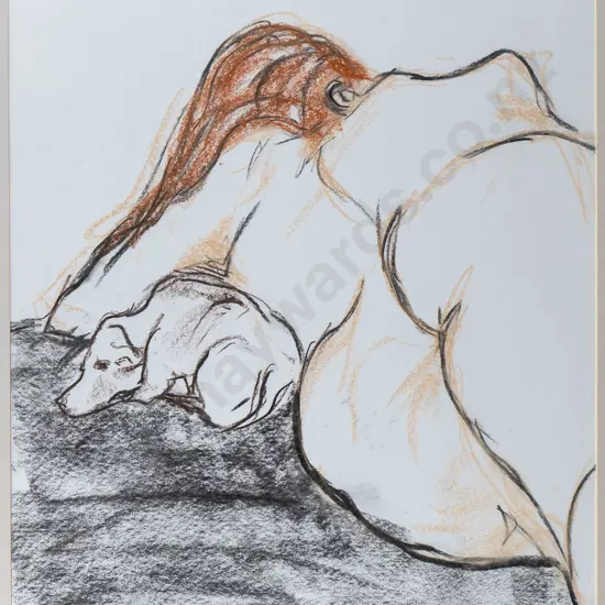 John Hardy 2019 - framed pastel - reclining nude & dog H-580 W-400