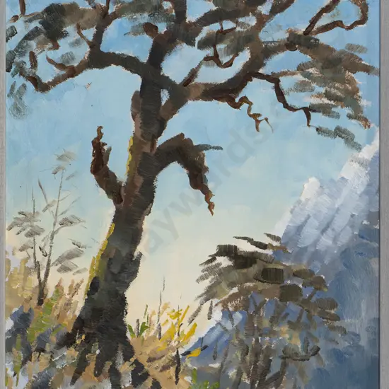 Peter Beadle - framed oil -tree & mountain scene H-470 W-280