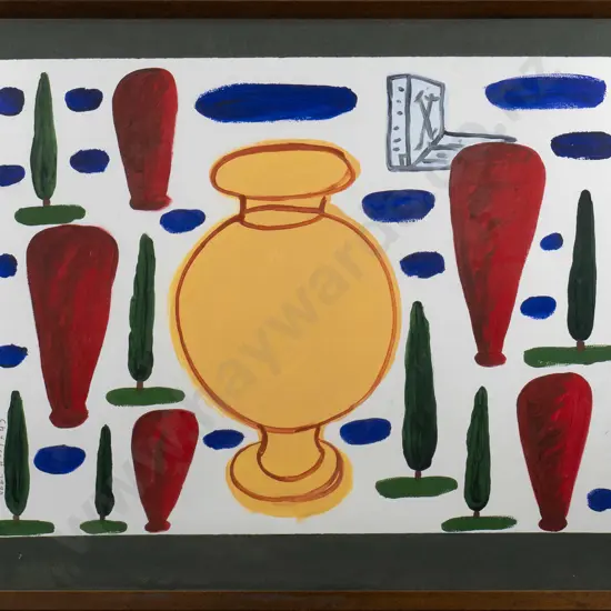 Chilcott 1990 - framed acrylic "Wine jar, heart pots + poplars" H-560 W-750