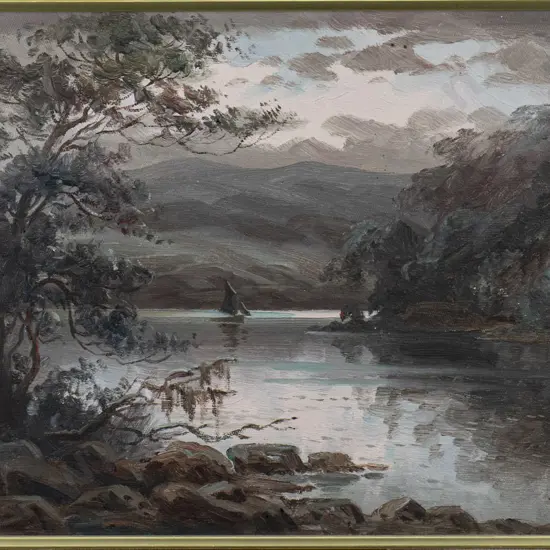 W Allen Bollard 1915 -framed oil- boat on lake - some damage H-270 W-460