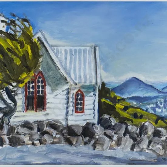 Pauline Bellamy - framed acrylic "Dunedin from Pukehiki" H-350 W-450